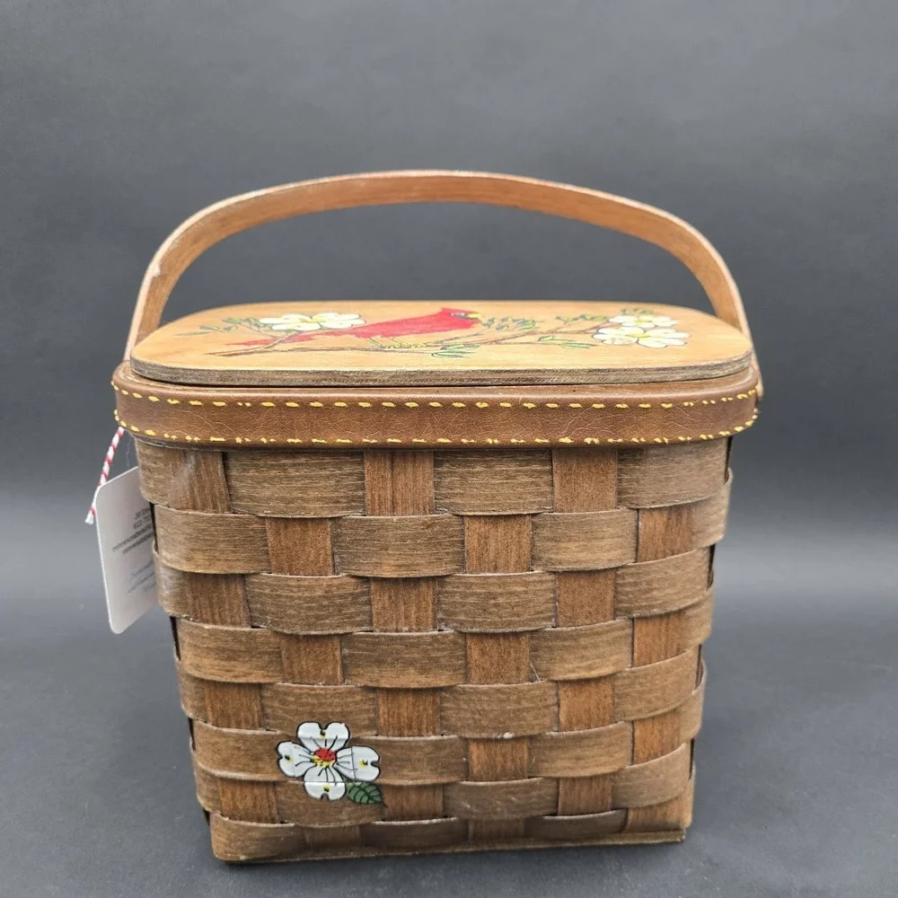 Caro Nan Vintage Basket Purse Signed Hand Painted Cardinal Handmade lined